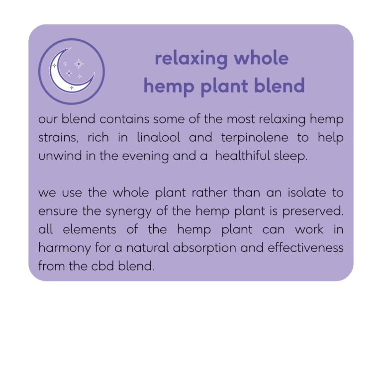 our blend contains some of the most relaxing hemp strains, rich in linalool and terpinolene to help unwind in the evening and a healthiful sleep. we use the whole plant rather than an isolate to ensure the synergy of the hemp plant is preserved. all elements of the hemp plant can work in harmony for a natural absorption and effectiveness from the cbd blend.