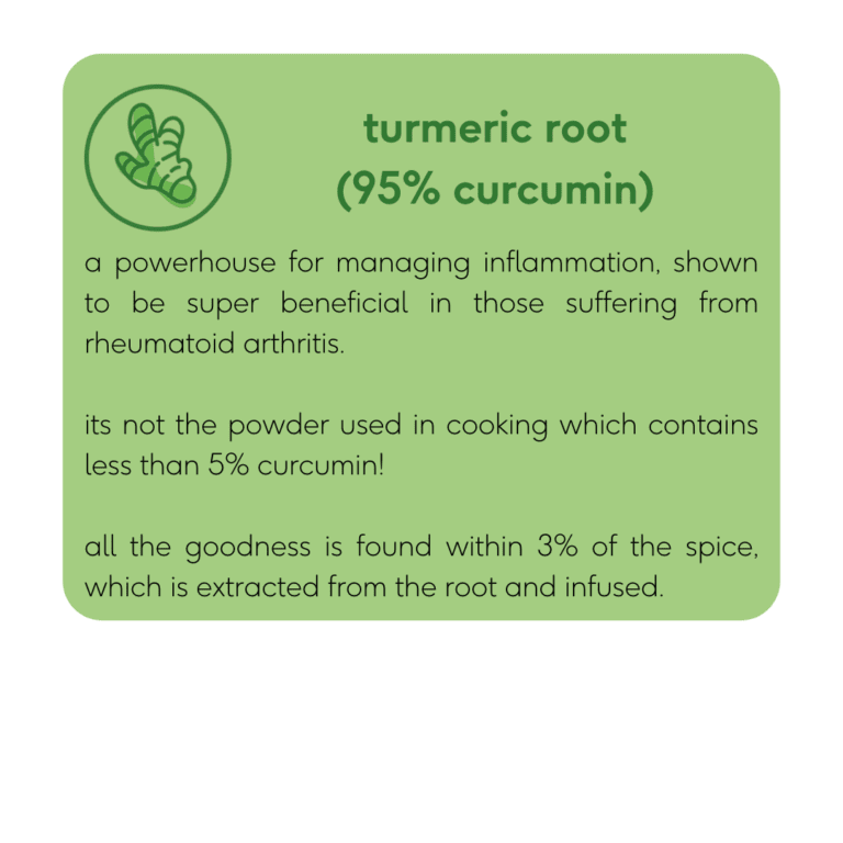 a powerhouse for managing inflammation, shown to be super beneficial in those suffering from rheumatoid arthritis. its not the powder used in cooking which contains less than 5% curcumin! all the goodness is found within 3% of the spice, which is extracted from the root and infused.
