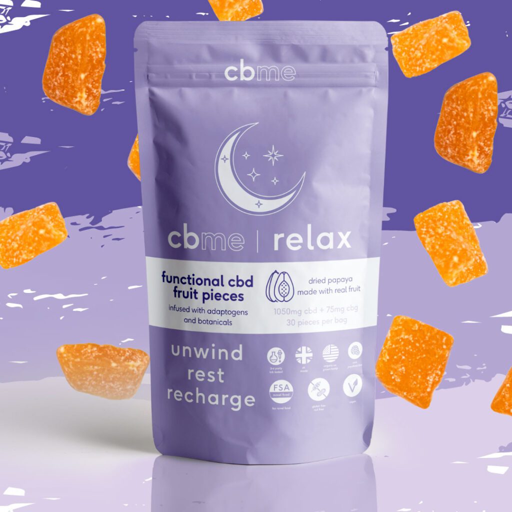 cbme relax - papaya pieces infused with hops, magnesium and griffonia seed, a natural source of 5htp. coated in a whole hemp plant blend made with relaxing plants